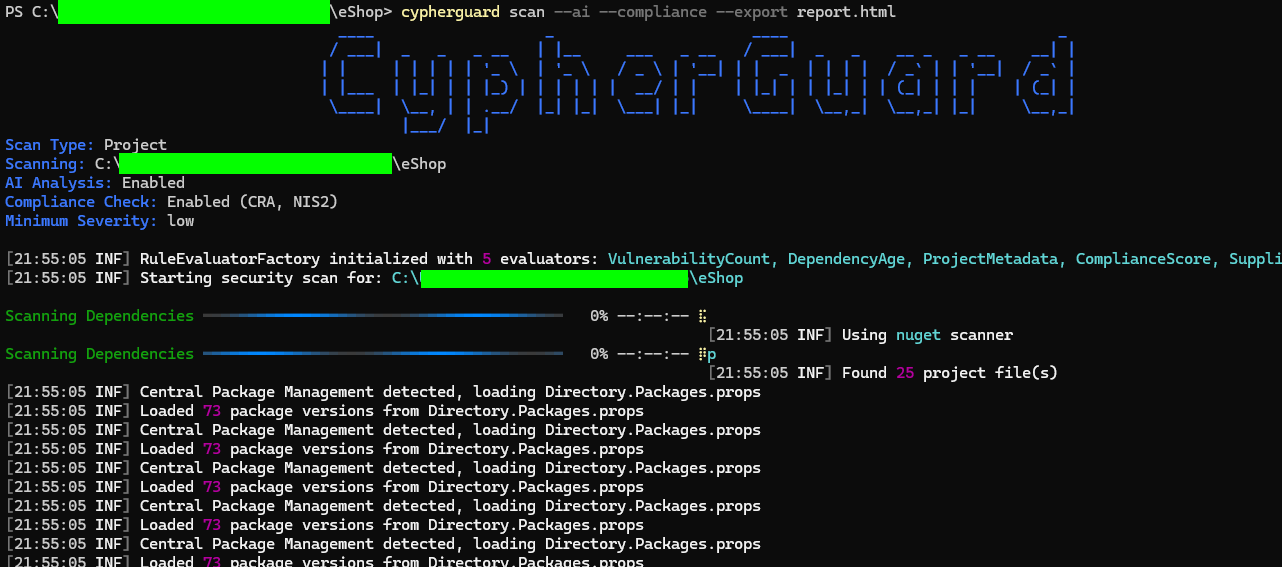 CypherGuard CLI scan execution showing the 5-phase orchestrator in action