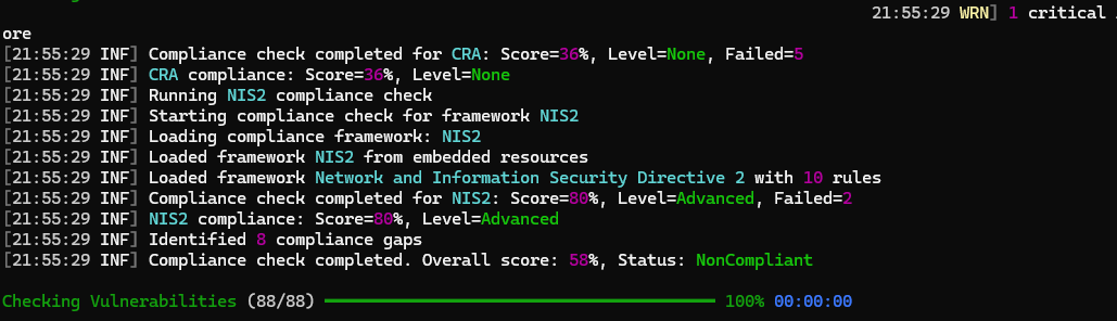 CypherGuard compliance check results displaying CRA and NIS2 rule validation status